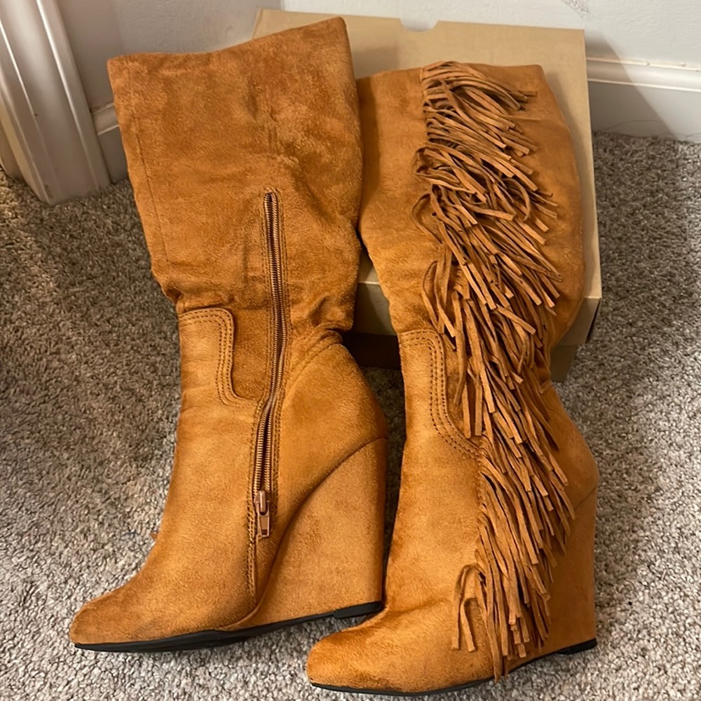 Suede knee high fringe boots
